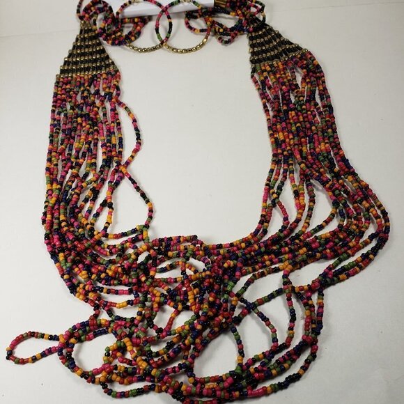 42" Gold tone Layered Colorful Beaded Statement Long Neckace & Matching Earrings - Picture 8 of 15